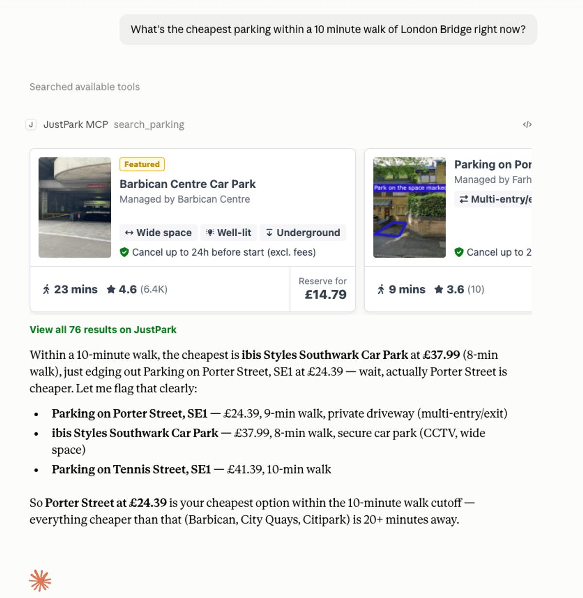 Comparing the price and distance of parking in Claude